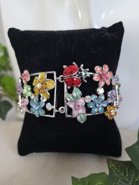 Vintage Enamel Garden Panel Bracelet Crystal Ladybug Dragonfly Pastel Flowers